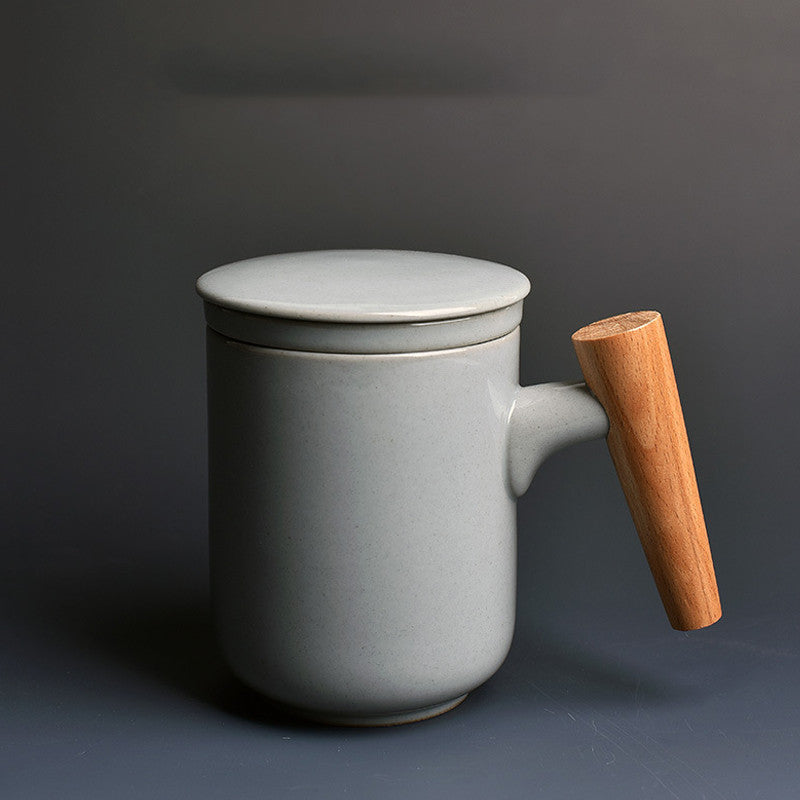 Ceramic Mark Cup with Lid Large Capacity Water Cup with Wooden Handle