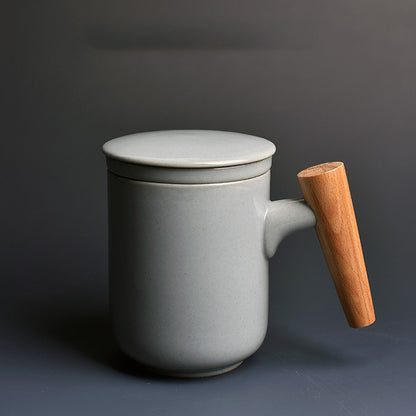 Ceramic Mark Cup with Lid Large Capacity Water Cup with Wooden Handle
