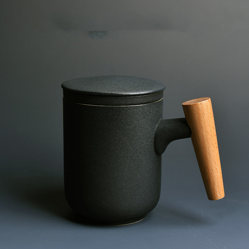 Ceramic Mark Cup with Lid Large Capacity Water Cup with Wooden Handle