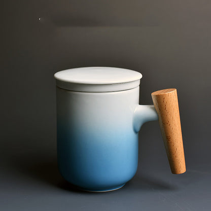 Ceramic Mark Cup with Lid Large Capacity Water Cup with Wooden Handle