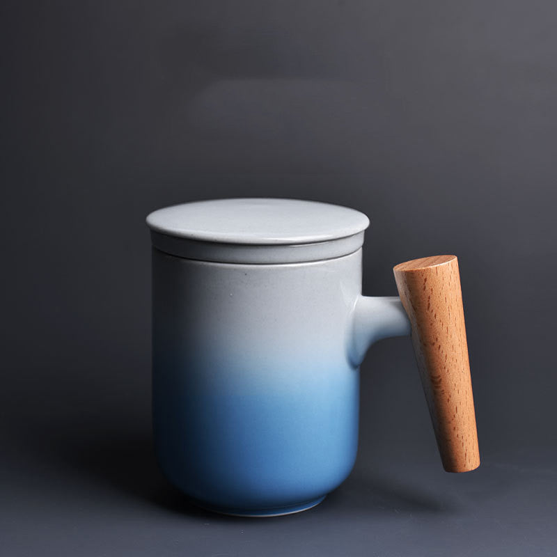 Ceramic Mark Cup with Lid Large Capacity Water Cup with Wooden Handle