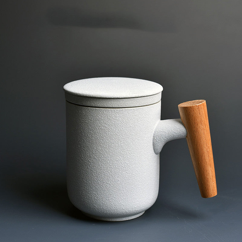 Ceramic Mark Cup with Lid Large Capacity Water Cup with Wooden Handle