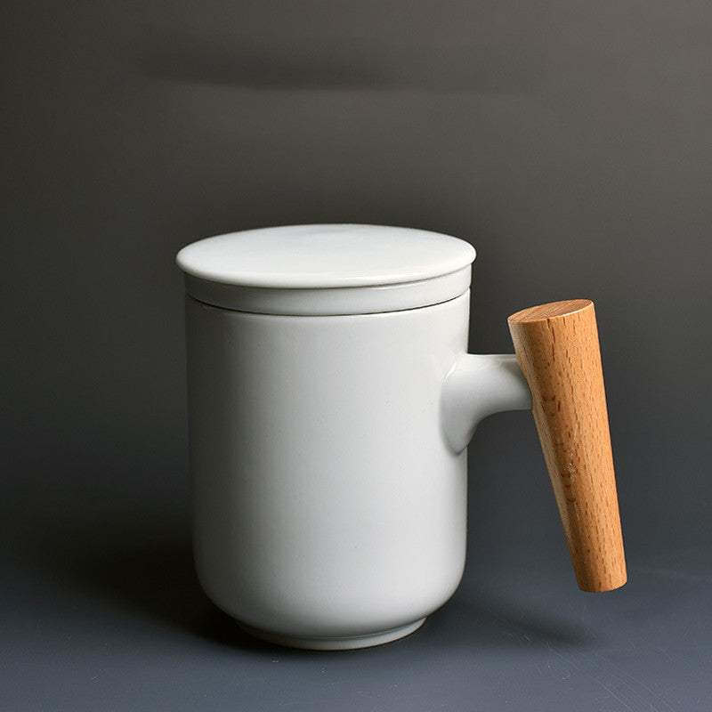 Ceramic Mark Cup with Lid Large Capacity Water Cup with Wooden Handle