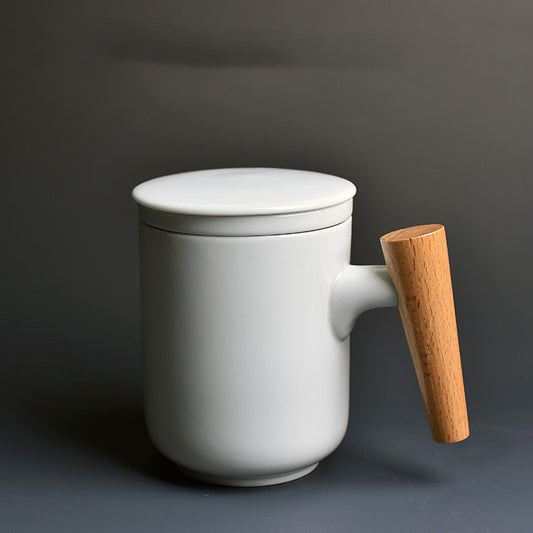 Ceramic Mark Cup with Lid Large Capacity Water Cup with Wooden Handle